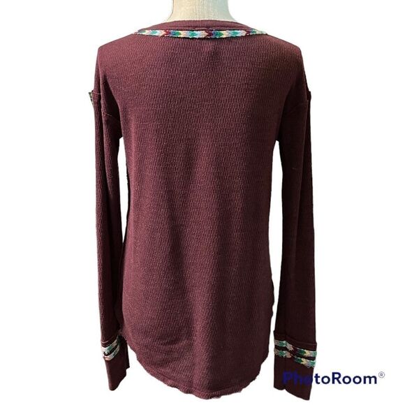Free People Burgundy Red RAINBOW THERMAL TEE Henley top - Picture 4 of 6